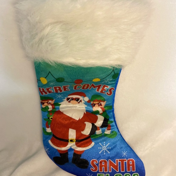 Christmas Stocking Here Comes Santa Floss Holiday Time 20"  Blue Padded New - Picture 2 of 5